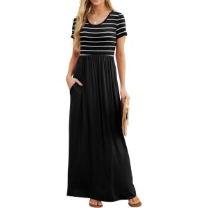 imageGRECERELLE Women Summer Crew Neck Casual Short Sleeve Solid Floral Print Long Maxi Dress with PocketsBlack Striped