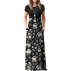 imageGRECERELLE Women Summer Crew Neck Casual Short Sleeve Solid Floral Print Long Maxi Dress with PocketsBlack White Flower