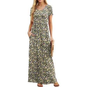 imageGRECERELLE Women Summer Crew Neck Casual Short Sleeve Solid Floral Print Long Maxi Dress with PocketsBlack Yellow Floral