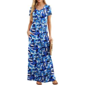 imageGRECERELLE Women Summer Crew Neck Casual Short Sleeve Solid Floral Print Long Maxi Dress with PocketsBlue Ink White