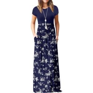 imageGRECERELLE Women Summer Crew Neck Casual Short Sleeve Solid Floral Print Long Maxi Dress with PocketsBlue Small Flower