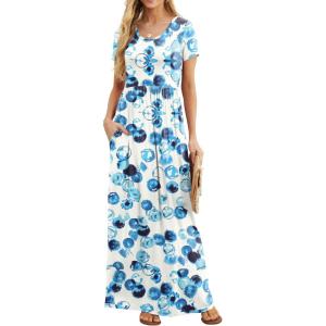imageGRECERELLE Women Summer Crew Neck Casual Short Sleeve Solid Floral Print Long Maxi Dress with PocketsBubble Blue