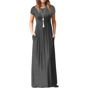 imageGRECERELLE Women Summer Crew Neck Casual Short Sleeve Solid Floral Print Long Maxi Dress with PocketsDark Gray