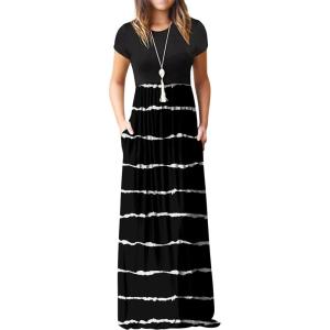 imageGRECERELLE Women Summer Crew Neck Casual Short Sleeve Solid Floral Print Long Maxi Dress with PocketsFlowerblack Stripe