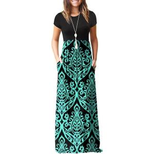 imageGRECERELLE Women Summer Crew Neck Casual Short Sleeve Solid Floral Print Long Maxi Dress with PocketsFlowerblue Green