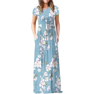 imageGRECERELLE Women Summer Crew Neck Casual Short Sleeve Solid Floral Print Long Maxi Dress with PocketsFlowerlight Blue