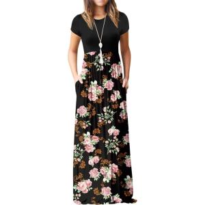 imageGRECERELLE Women Summer Crew Neck Casual Short Sleeve Solid Floral Print Long Maxi Dress with PocketsFlowerrose Black