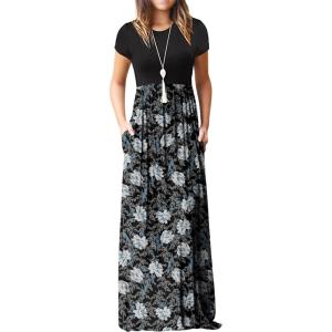 imageGRECERELLE Women Summer Crew Neck Casual Short Sleeve Solid Floral Print Long Maxi Dress with PocketsFlowerwhite Lily