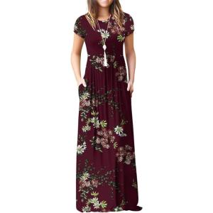imageGRECERELLE Women Summer Crew Neck Casual Short Sleeve Solid Floral Print Long Maxi Dress with PocketsFlowerwine Red