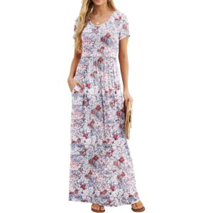imageGRECERELLE Women Summer Crew Neck Casual Short Sleeve Solid Floral Print Long Maxi Dress with PocketsGray Azalea
