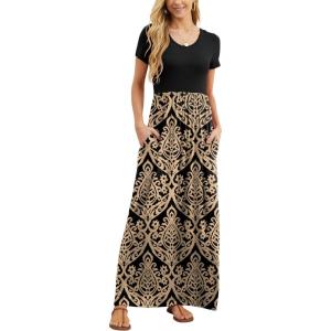 imageGRECERELLE Women Summer Crew Neck Casual Short Sleeve Solid Floral Print Long Maxi Dress with PocketsKhaki