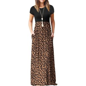 imageGRECERELLE Women Summer Crew Neck Casual Short Sleeve Solid Floral Print Long Maxi Dress with PocketsKhaki Love