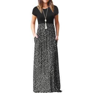 imageGRECERELLE Women Summer Crew Neck Casual Short Sleeve Solid Floral Print Long Maxi Dress with PocketsLeopard Print Black
