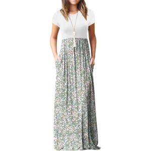 imageGRECERELLE Women Summer Crew Neck Casual Short Sleeve Solid Floral Print Long Maxi Dress with PocketsLily Green