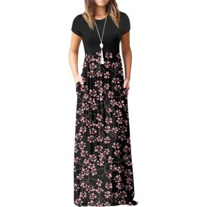 imageGRECERELLE Women Summer Crew Neck Casual Short Sleeve Solid Floral Print Long Maxi Dress with PocketsMantian March Red