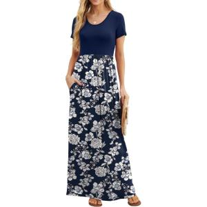 imageGRECERELLE Women Summer Crew Neck Casual Short Sleeve Solid Floral Print Long Maxi Dress with PocketsNavy Blue Floral