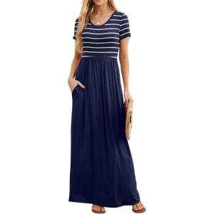 imageGRECERELLE Women Summer Crew Neck Casual Short Sleeve Solid Floral Print Long Maxi Dress with PocketsNavy Striped