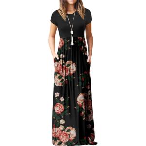 imageGRECERELLE Women Summer Crew Neck Casual Short Sleeve Solid Floral Print Long Maxi Dress with PocketsRed Brown Flowers Black