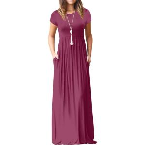 imageGRECERELLE Women Summer Crew Neck Casual Short Sleeve Solid Floral Print Long Maxi Dress with PocketsRed Gray