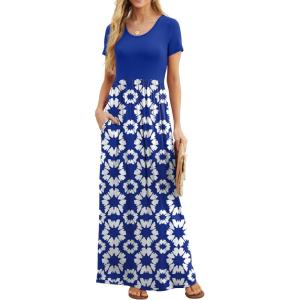 imageGRECERELLE Women Summer Crew Neck Casual Short Sleeve Solid Floral Print Long Maxi Dress with PocketsRoyal Blue Floral
