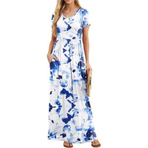 imageGRECERELLE Women Summer Crew Neck Casual Short Sleeve Solid Floral Print Long Maxi Dress with PocketsWhite Ink Blue