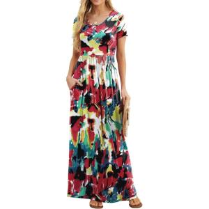 imageGRECERELLE Women Summer Crew Neck Casual Short Sleeve Solid Floral Print Long Maxi Dress with PocketsWhite Ink Red