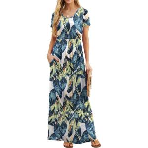 imageGRECERELLE Women Summer Crew Neck Casual Short Sleeve Solid Floral Print Long Maxi Dress with PocketsWhite Monotherapy