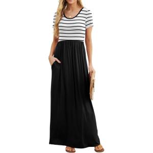 imageGRECERELLE Women Summer Crew Neck Casual Short Sleeve Solid Floral Print Long Maxi Dress with PocketsWhite Striped