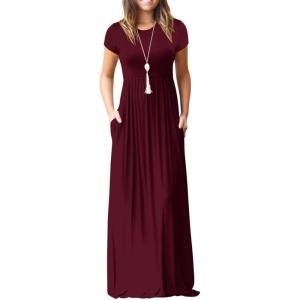 imageGRECERELLE Women Summer Crew Neck Casual Short Sleeve Solid Floral Print Long Maxi Dress with PocketsWine Red