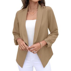imageGRECERELLE Womens Blazer Suit Open Front Cardigan 34 Sleeve Fitted Jacket Casual Office Cropped Blazer015dark Khaki