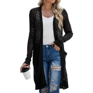 imageGRECERELLE Womens Lightweight Longer Length Cardigan Long Sleeve Casual Crochet OpenFront Sweater with Pockets01 Longblack
