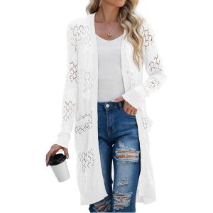 imageGRECERELLE Womens Lightweight Longer Length Cardigan Long Sleeve Casual Crochet OpenFront Sweater with Pockets02 Longwhite