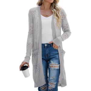 imageGRECERELLE Womens Lightweight Longer Length Cardigan Long Sleeve Casual Crochet OpenFront Sweater with Pockets04 Longgray