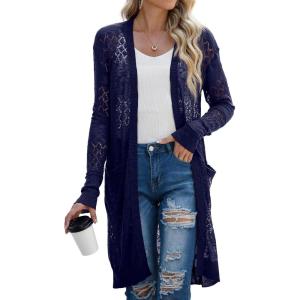 imageGRECERELLE Womens Lightweight Longer Length Cardigan Long Sleeve Casual Crochet OpenFront Sweater with Pockets05 Longnavy Blue