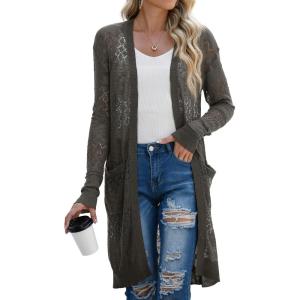imageGRECERELLE Womens Lightweight Longer Length Cardigan Long Sleeve Casual Crochet OpenFront Sweater with Pockets06 Longdark Gray