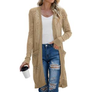 imageGRECERELLE Womens Lightweight Longer Length Cardigan Long Sleeve Casual Crochet OpenFront Sweater with Pockets07 Longkhaki