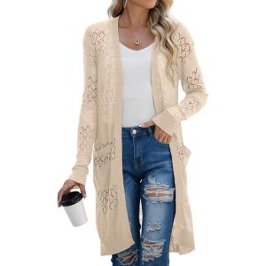 imageGRECERELLE Womens Lightweight Longer Length Cardigan Long Sleeve Casual Crochet OpenFront Sweater with PocketsBeige