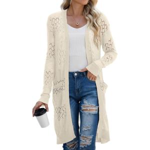 imageGRECERELLE Womens Lightweight Longer Length Cardigan Long Sleeve Casual Crochet OpenFront Sweater with PocketsLongapricot