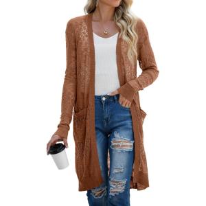 imageGRECERELLE Womens Lightweight Longer Length Cardigan Long Sleeve Casual Crochet OpenFront Sweater with PocketsLongcaramel