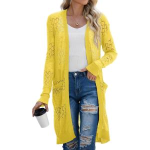 imageGRECERELLE Womens Lightweight Longer Length Cardigan Long Sleeve Casual Crochet OpenFront Sweater with PocketsLonglemon Yellow