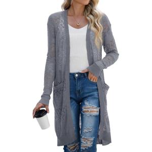 imageGRECERELLE Womens Lightweight Longer Length Cardigan Long Sleeve Casual Crochet OpenFront Sweater with PocketsLongpencil Gray