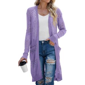 imageGRECERELLE Womens Lightweight Longer Length Cardigan Long Sleeve Casual Crochet OpenFront Sweater with PocketsLongpurple Gray