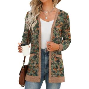 imageGRECERELLE Womens Long Sleeve Open Front Cardigan Button Down Ribbed Lightweight Knit Outerwear with PocketKhaki Sunflower