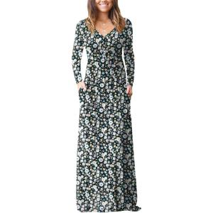 imageGRECERELLE Womens Long Sleeve V Neck Casual Button Maxi Dress 2025 with PocketsBlack Flowers White
