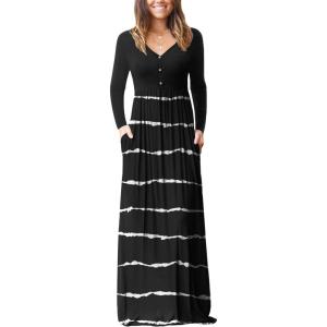 imageGRECERELLE Womens Long Sleeve V Neck Casual Button Maxi Dress 2025 with PocketsBlack Stripe
