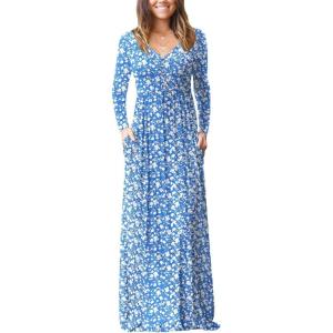 imageGRECERELLE Womens Long Sleeve V Neck Casual Button Maxi Dress 2025 with PocketsBlue Flowers White