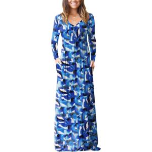 imageGRECERELLE Womens Long Sleeve V Neck Casual Button Maxi Dress 2025 with PocketsBlue Ink White