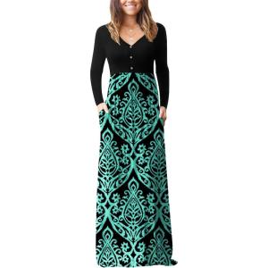 imageGRECERELLE Womens Long Sleeve V Neck Casual Button Maxi Dress 2025 with PocketsBoho Blue Green