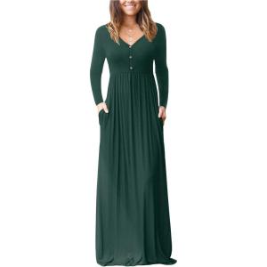 imageGRECERELLE Womens Long Sleeve V Neck Casual Button Maxi Dress 2025 with PocketsDark Green