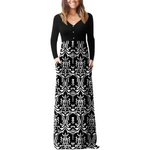 imageGRECERELLE Womens Long Sleeve V Neck Casual Button Maxi Dress 2025 with PocketsFloral Black White